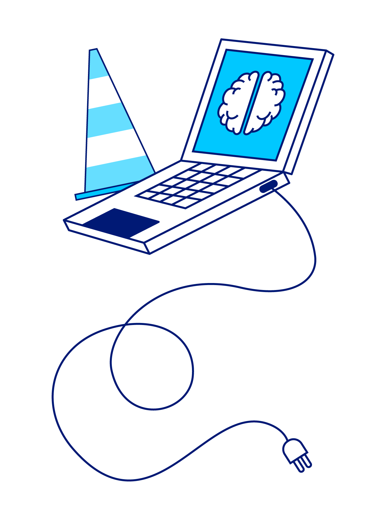 llustration eines aufgeklappten Laptops mit einem Gehirnsymbol auf dem Bildschirm. Das Netzkabel ist angeschlossen und verläuft in einer Schlaufe zu einem Stecker. Neben dem Laptop steht ein gestreifter Kegel. Die Grafik ist in Blau- und Weißtönen gestaltet.
