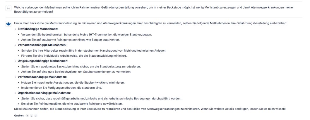 Beispiel für Chatbotanfrage: Präventionsmaßnahmen in einer Backstube.