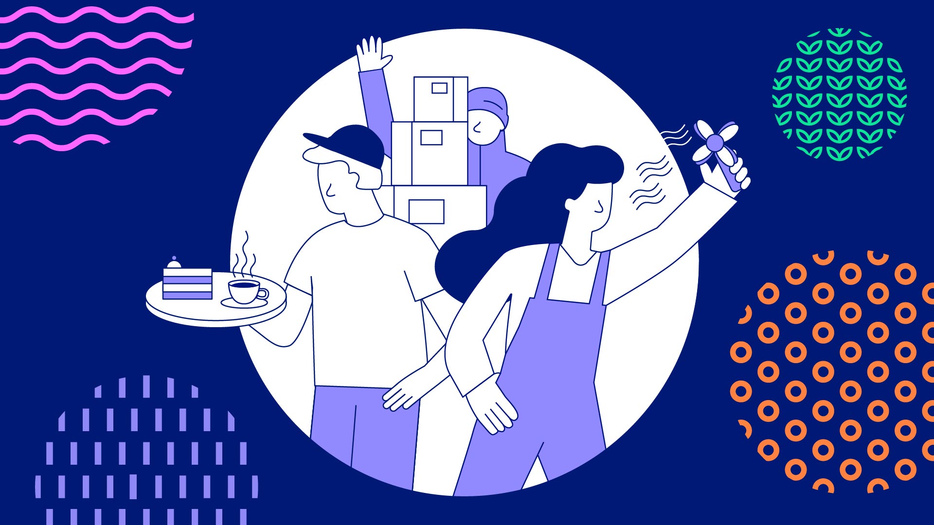 Illustration von drei Personen: eine Servicekraft hält ein Tablett mit Kuchen und Kaffee, ein Paketboote winkt beim Stapeln seiner Paketen und eine Person hält ein kleines Windrad in der Hand.