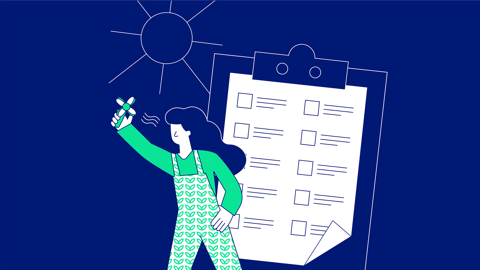Illustration einer von der Sonne angestrahlten Frau, die sich mit Hilfe eines Handventilator abkühlt und dabei vor einem überdimensionalen Klemmbrett auf dem ein Merkzettel mit Checkboxen festgeklemmt ist.