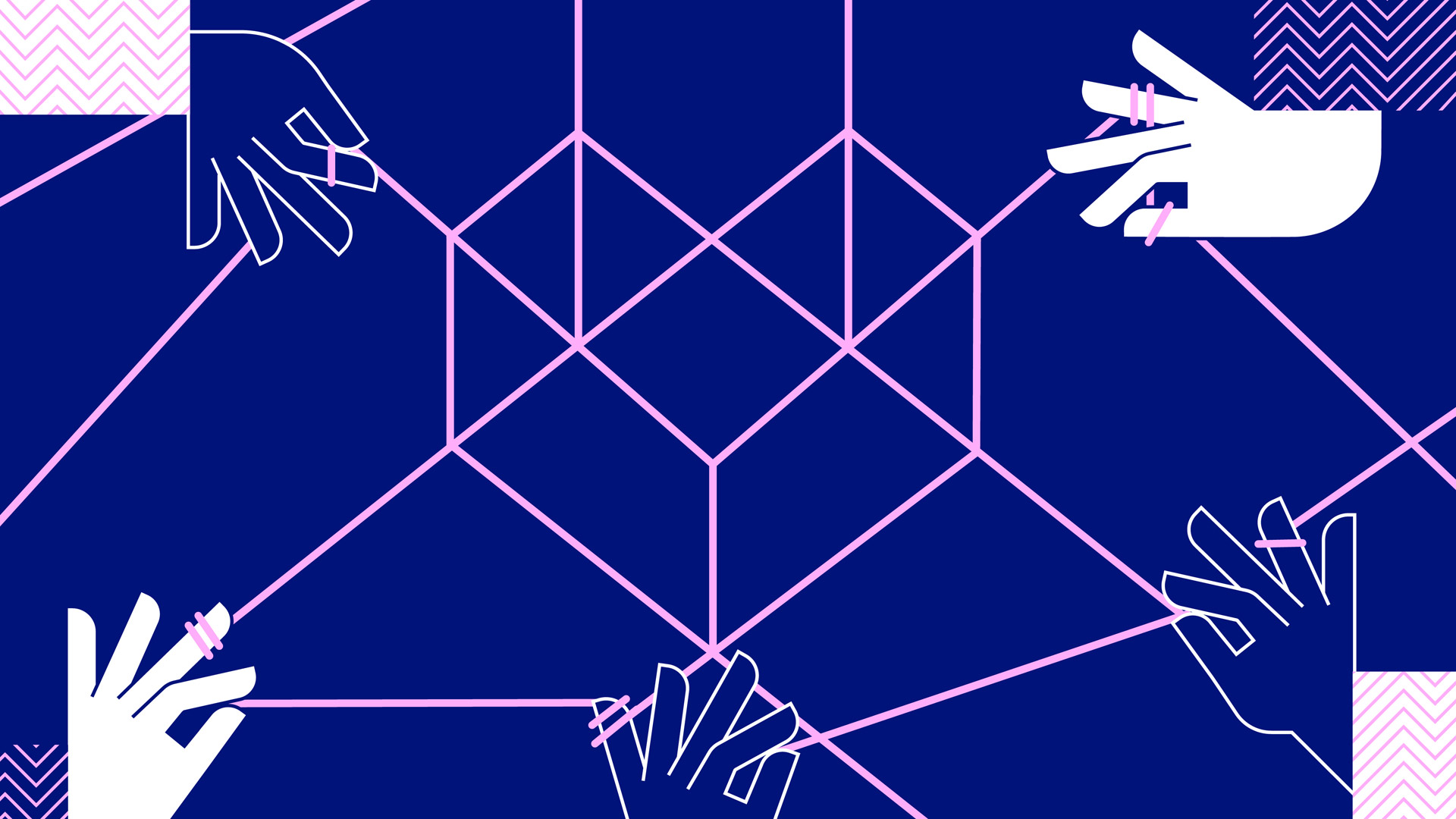 Illustration eines durch Hände gesponnen Netzes, welche die verschiedenen Aspekte, die auf die psysische Gesundheit einwirken und miteinander verknüpft sind und sich so ggf. gegenseitig beeinflussen können.
