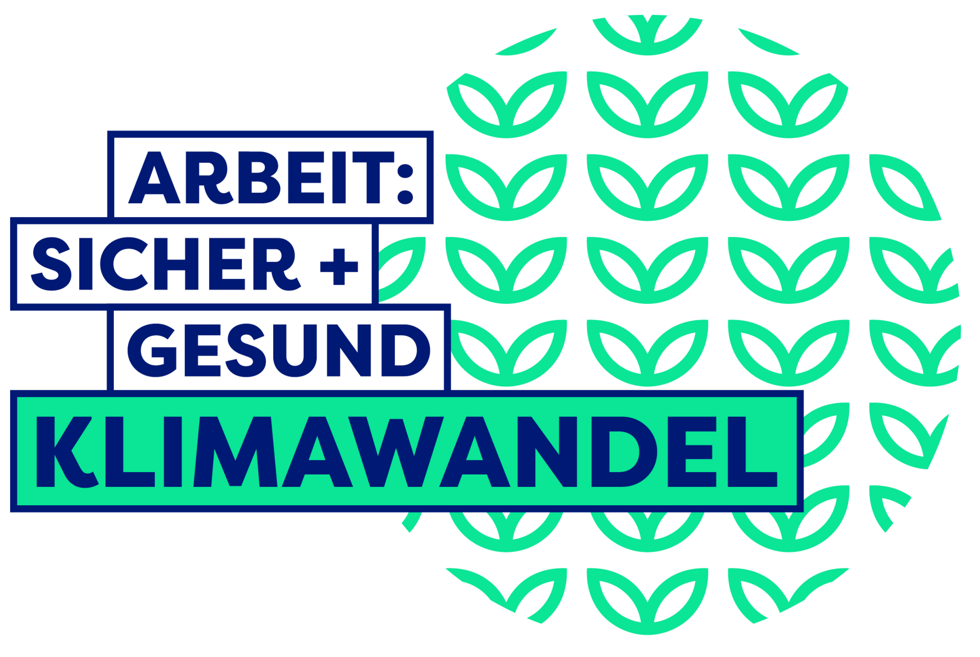 Logo des ASUG-Themenfelds Klimawandel. Unter dem Schriftzug ARBEIT: SICHER + GESUND steht der Titel KLIMAWANDEL in der grünen Farbe des Themenfelds. Rechts daneben befindet sich ein kreisförmiges Muster aus grünen piktografischen Blättern.