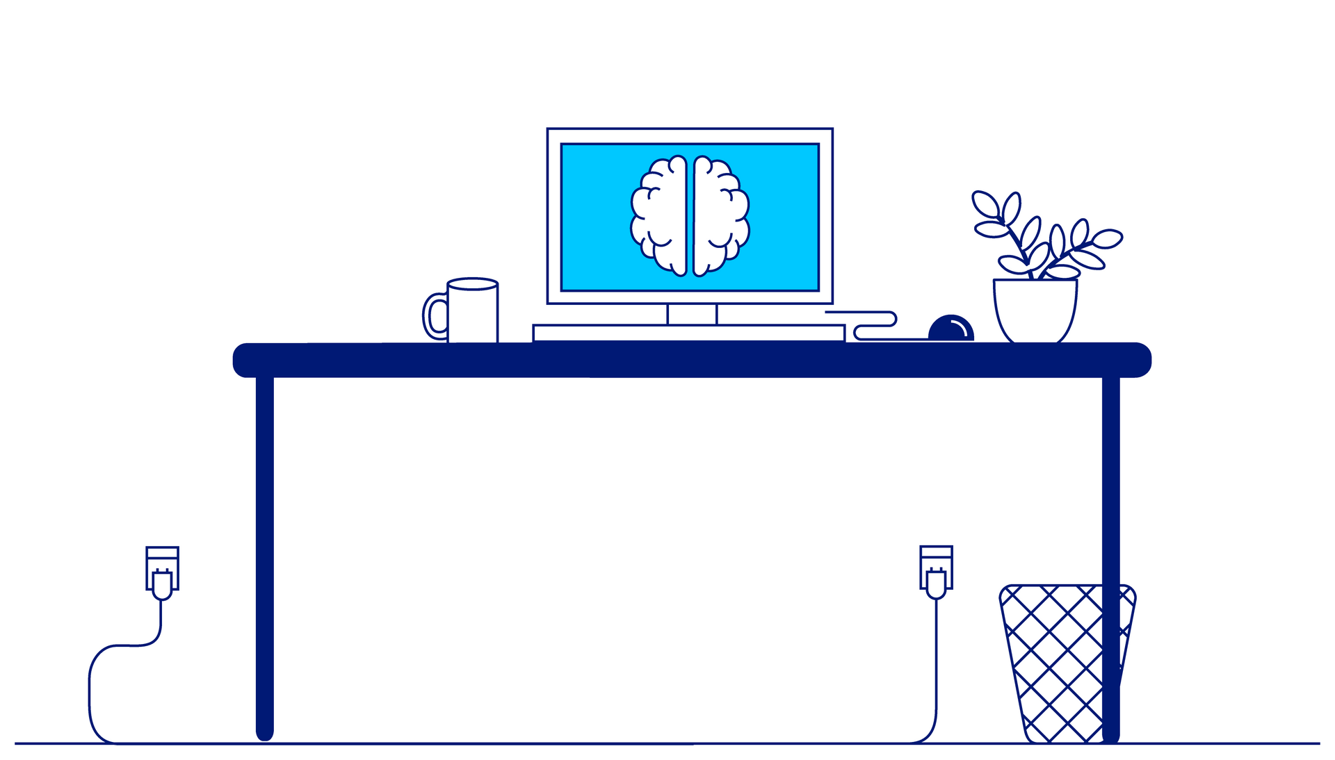 Illustration eines Schreibtischarbeitsplatzes. Auf dem Schreibtisch stehen ein Computerbildschirm der ein Gehirnsymbol zeigt, eine Tasse, eine Maus und eine Topfpflanze. Unter dem Schreibtisch sind Stromkabel sichtbar, die zu Steckdosen an der Wand führen. Rechts steht ein Papierkorb. Die Grafik ist in Blau- und Weißtönen gehalten.