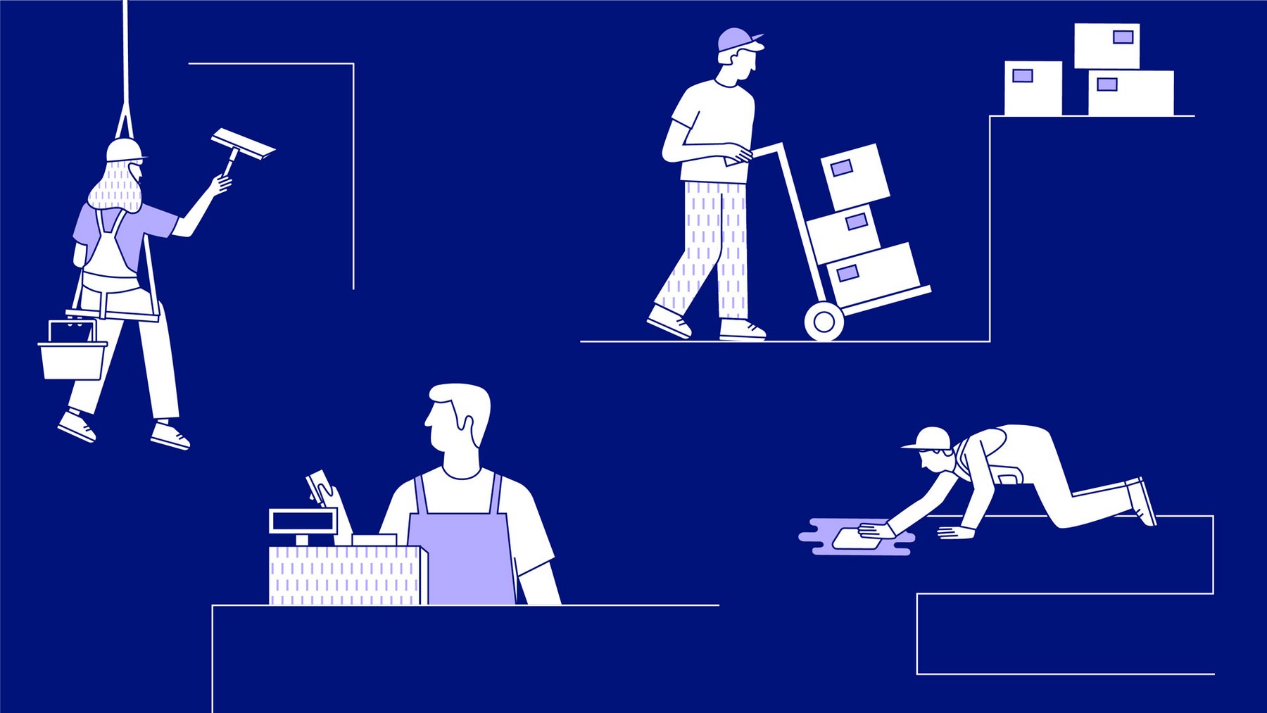 Illustration von vier Arbeitern: ein Fensterputzer an einem Seil, eine Person, die Kartons auf einen Transportwagen lädt, eine Kassiererin an einer Kasse und eine Person, die den Boden schrubbt, alles vor einem blauen Hintergrund.