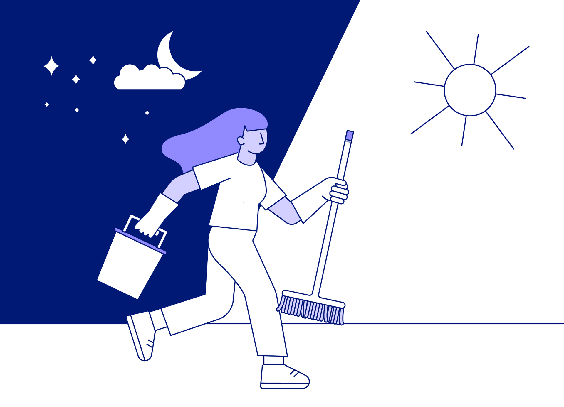 Illustration Reinigungskraft mit Eimer und Besen zwischen Tag und Nacht