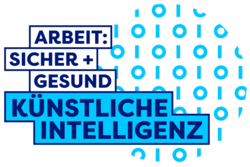 Logo des ASUG-Themenfelds KI. Unter dem Schriftzug ARBEIT: SICHER + GESUND steht der Titel KÜNSTLICHE INTELLIGENZ in der hellblauen Farbe des Themenfelds. Rechts daneben befindet sich ein kreisförmiges Muster aus hellblauen Strichen und Kreisen.