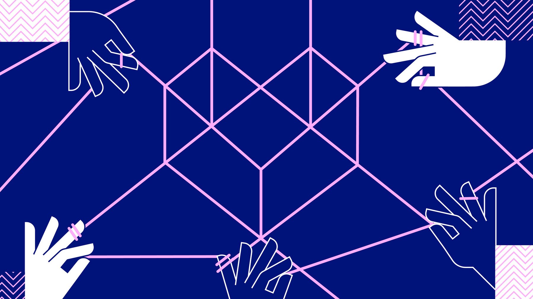 Illustration eines durch Hände gesponnen Netzes, welche die verschiedenen Aspekte, die auf die psysische Gesundheit einwirken und miteinander verknüpft sind und sich so ggf. gegenseitig beeinflussen können.